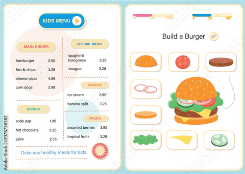Bright and colorful children's menu vector template featuring main dishes, drinks, desserts. Kids menu template with build a burger matching activity game.