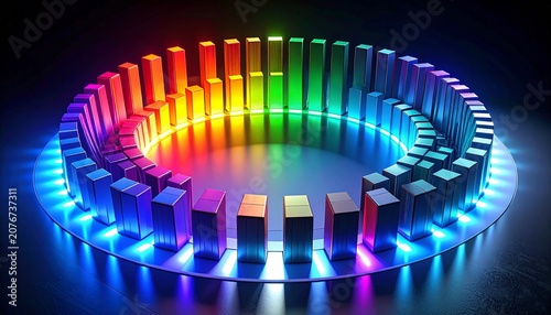Abstract circular bar chart glowing with vibrant neon rainbow colors representing digital data analysis and modern financial statistics concepts.