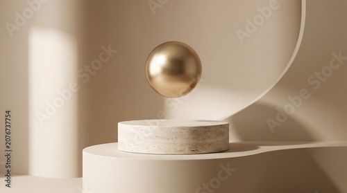 Golden sphere and marble pedestal in a minimalist beige scene soft lighting gold ball