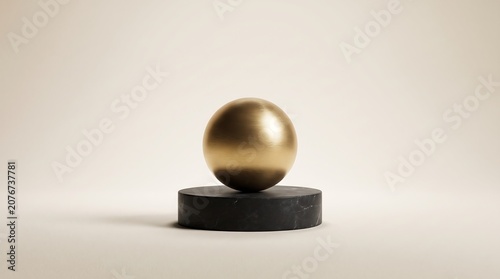 Golden sphere on black marble pedestal a minimalist product display with neutral background gold