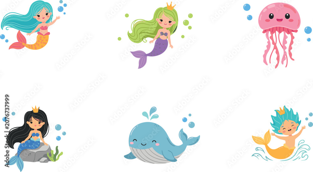 Fototapeta premium Cute underwater mermaid character vector set featuring little cartoon princess merman pink jellyfish and happy blue whale characters isolated on white background