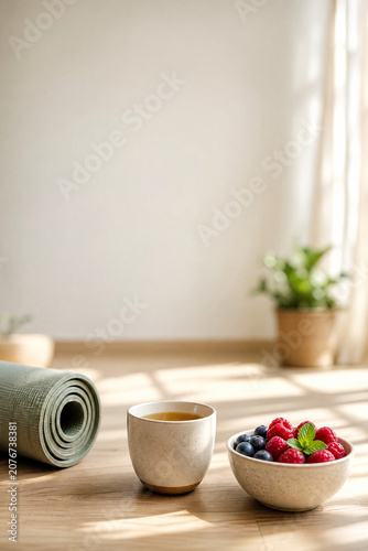 Serene Morning Ritual: Herbal Tea, Berries, and Yoga Mat for Health and Wellness