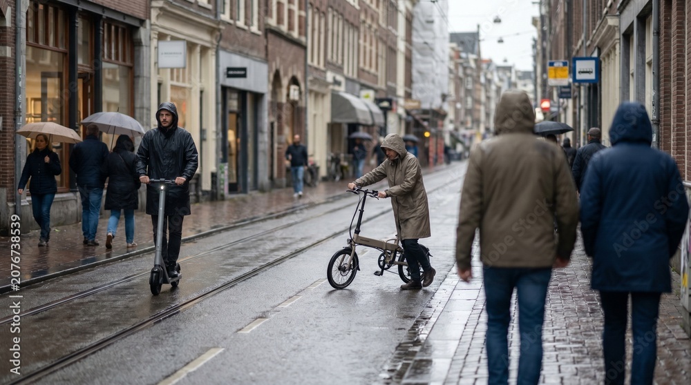 Fototapeta premium Wet Street Micro Mobility Commute With Folding E Bikes And Scooters