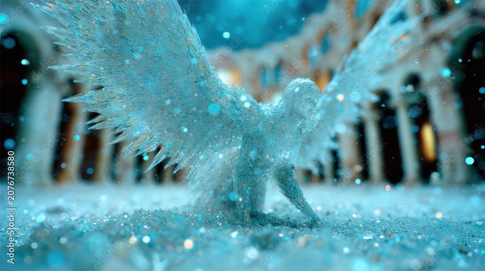 Obraz premium Mystical figure with wings in a glittering environment at night