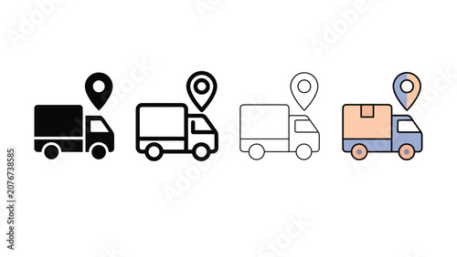 Modern delivery truck with location pin icons set illustrating various shipping logistics and tracking services and global distribution routes