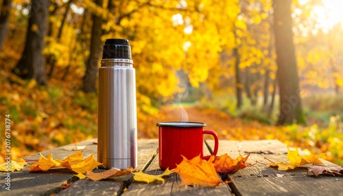 A steel thermos and a steaming red mug placed on a rustic wooden table surrounded by vibrant golden autumn leaves in a peaceful forest.
