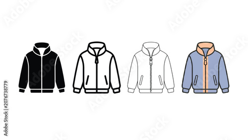 Modern jacket icons set with different styles including solid outline and colorful zipper details perfect for fashion apparel designs