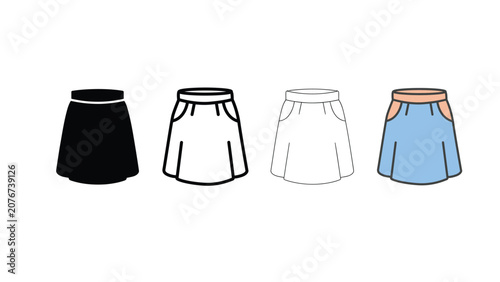 Collection of various skirt icons in solid outline and filled styles for fashion design elements