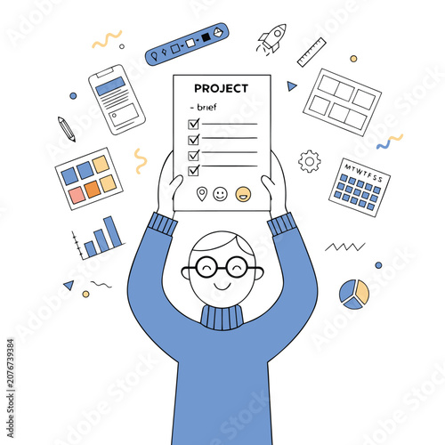 Tableau sur toile Cartoon man holding project brief document with various office supplies around