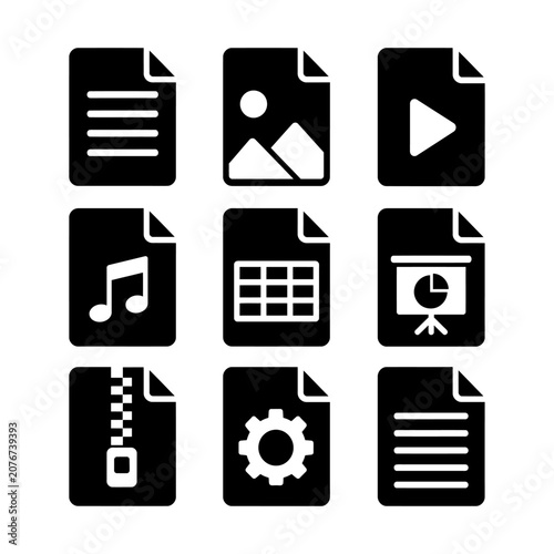 Document and media-related icons arranged in a grid showcasing file, music, spreadsheet, and presentation formats.