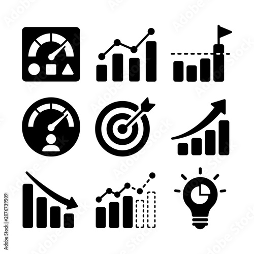 Black and white flat icons showcasing financial and performance metrics with upward and downward trends.