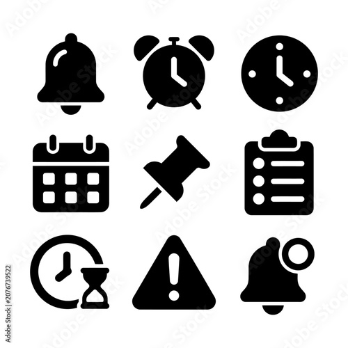 Minimalist black icons representing time management and scheduling symbols in a grid format.