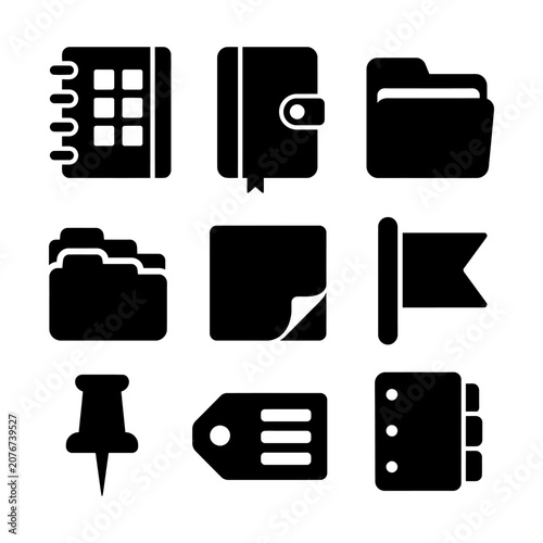 Black and white flat icons depicting office and productivity tools arranged in a grid layout.