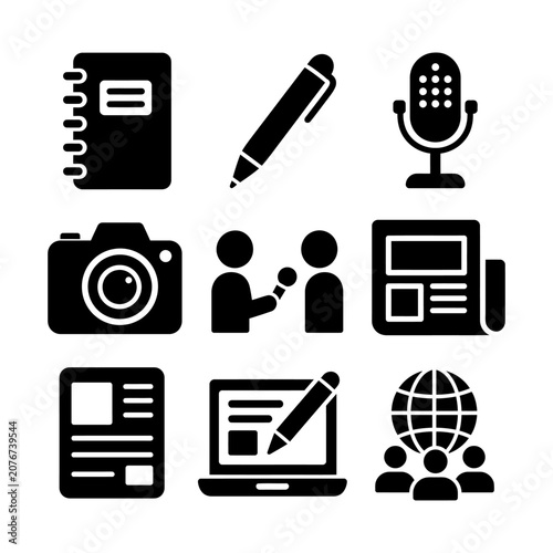 Minimalist black icons illustrating education, communication, and presentation concepts for professional use.