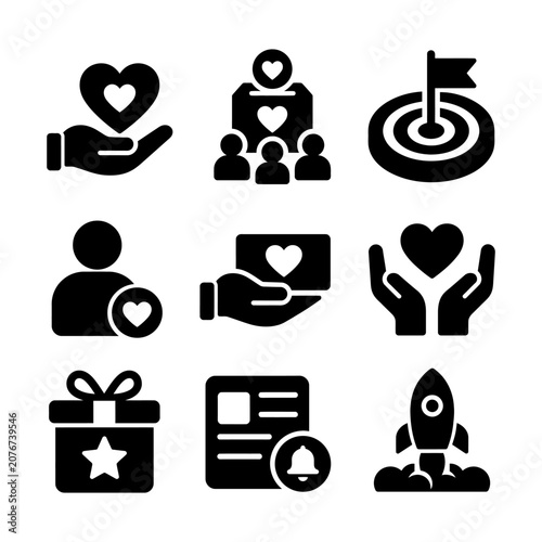 Black and white flat icons representing community, support, and business collaboration concepts.
