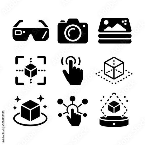 Flat icons depicting technology and digital tools for modern communication and data storage solutions.