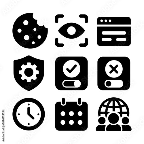 Set of flat icons representing security, time, user interaction, and approval on a neutral background.