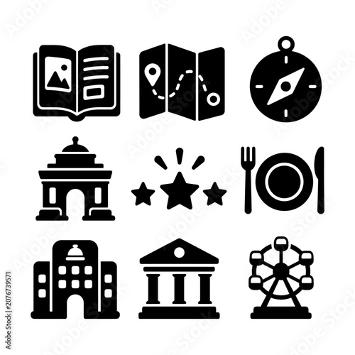 Collection of flat icons depicting travel, education, dining, and architecture on a clean background.
