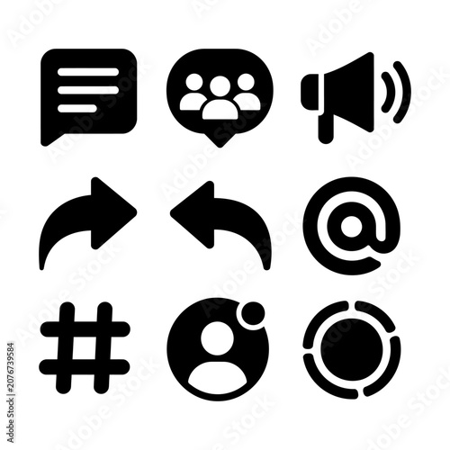 Flat design icons representing communication and social media features on a white background.
