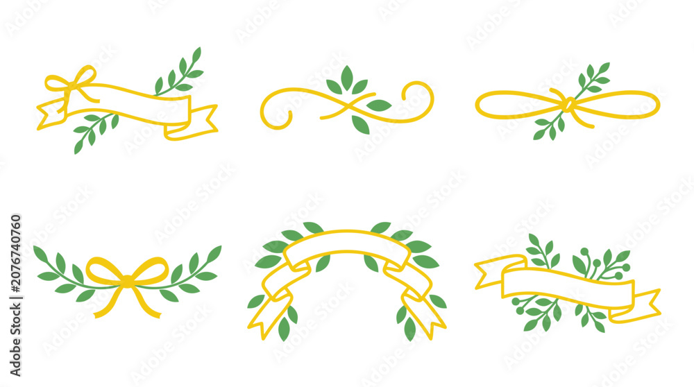 Obraz premium Decorative Ribbons and Green Leaves Vector Elements Set