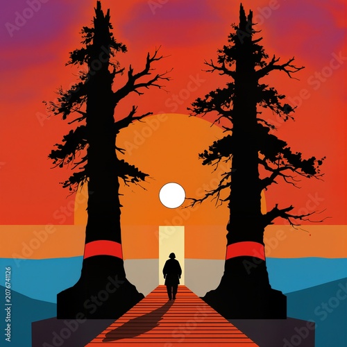 Minimalist Landscape with Lone Traveler, Tall Silhouetted Trees and Full Moon