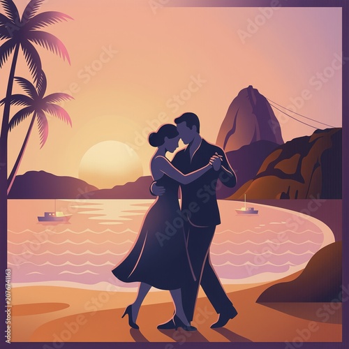 Romantic Couple Dancing Tango on Rio de Janeiro Beach at Sunset