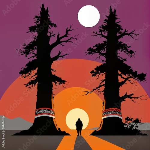 Minimalist Landscape with Lone Traveler, Tall Silhouetted Trees and Full Moon