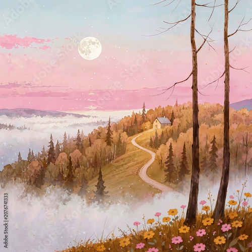 Serene Pastel Mountain Landscape with Cozy Cabin and Full Moon