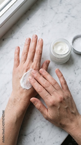 Person applying white moisturizing cream to their hand on marble surface