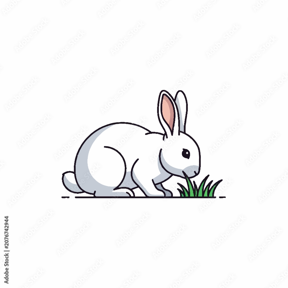 Fototapeta premium Minimalist Line Art Illustration of a Cute White Bunny Rabbit Grazing on Fresh Green Grass Isolated on a White Background