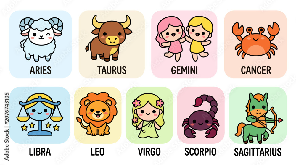 Fototapeta premium Cute cartoon zodiac signs icons collection set for horoscope design.