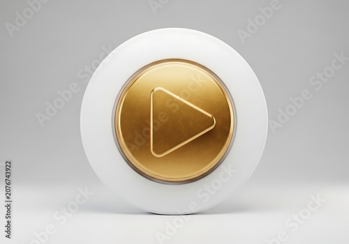 Golden play button icon on a round white base