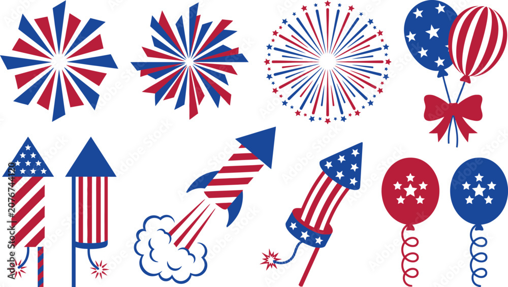 Fototapeta premium 4th of July patriotic fireworks and balloons element set, USA Independence Day celebration vectors