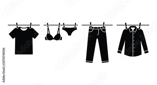 Photos Clothing items hanging on a line including a shirt underwear pants and button do