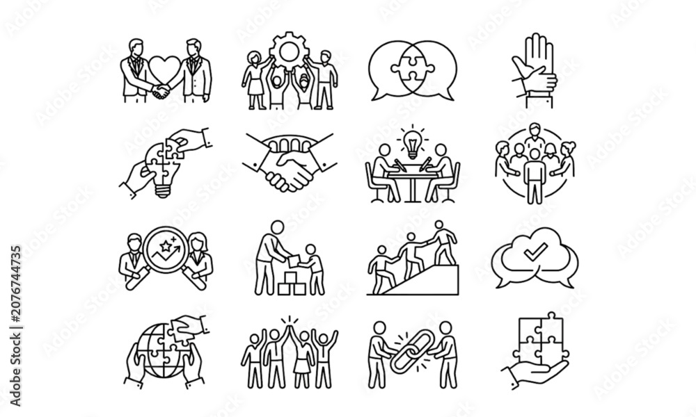 Obraz premium Teamwork partnership line icons set, collaboration communication support leadership business cooperation concepts collection