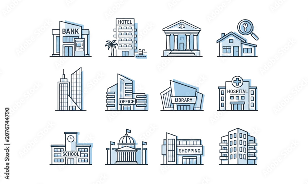 Fototapeta premium City building and real estate line icon set, modern urban architecture vector blue outline symbols