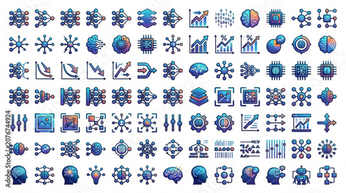 A collection of various blue and white icons and symbols arranged in rows on a white background for business or technology.