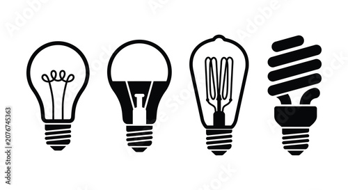 фотографія Four different light bulbs depicted as black silhouettes against a white backgro