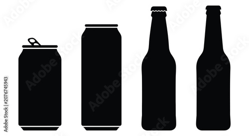 Canvastavla Black silhouettes of an open soda can and three beer bottles against a white bac