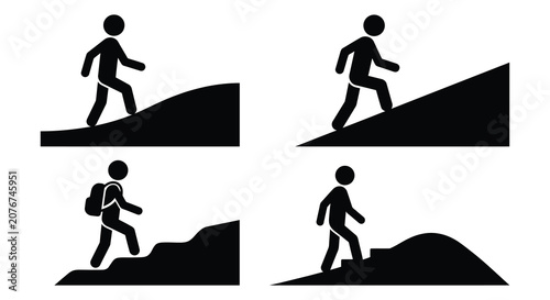 Canvas-taulu Hiking people silhouettes ascending hills and mountains on a white background si