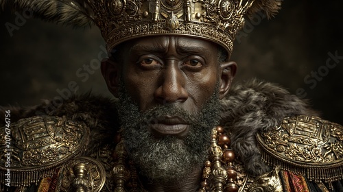 Europe medieval lifestyle. A closeup portrait of a regal figure, likely a king or nobleman, set against a dark, smoky background. The subject wears ornate.