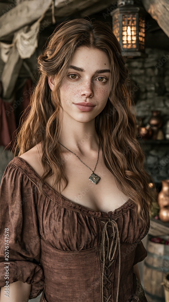 Fototapeta premium Europe medieval lifestyle. A portrait of a young woman with long, wavy brown hair and freckles. She wears a brown, offtheshoulder dress with a laceup front and a pendant necklace.