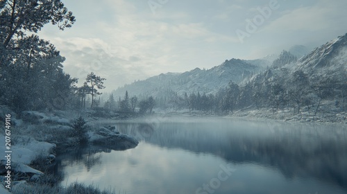 Serene winter landscape with snow-covered mountains reflecting on a calm lake.