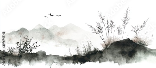Misty mountain landscape with grasses and birds.