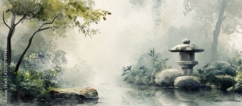 Serene misty scene of a Japanese garden with a stone lantern by the water.
