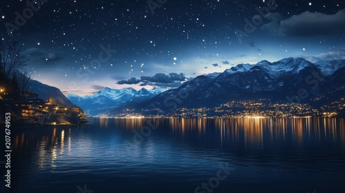 Night scene of a town by a lake with mountains and starry sky.