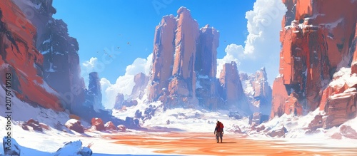 Lone figure trekking across a snowy canyon with towering red rock formations under a bright blue sky.