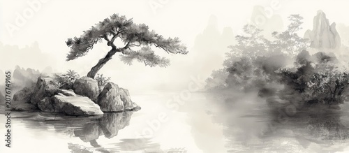 Serene Monochrome Landscape Lone Tree on Misty Island.