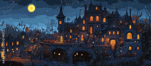 Night scene of a medieval town with a large castle under a full moon.