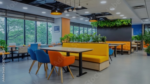Modern office break room with colorful seating, plants, and large windows.